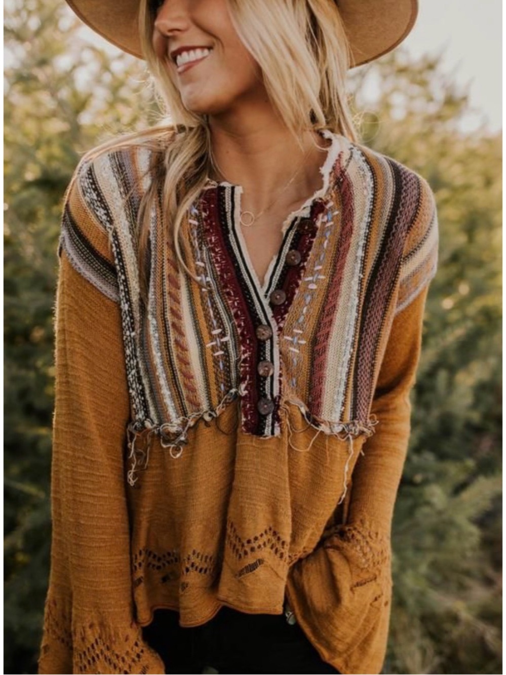 Boho Striped Patchwork Mustard Women’s Sweater